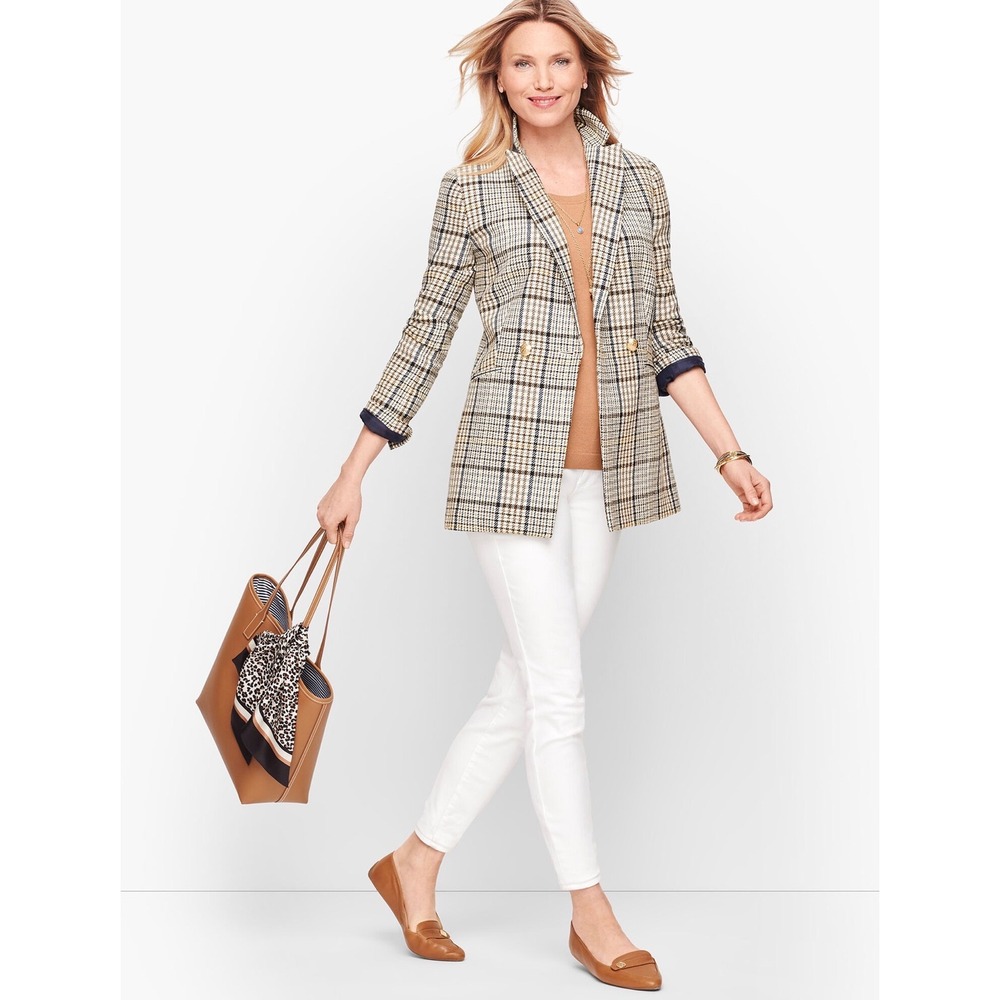 Talbots Plus Womens 20W Glen Plaid Double Breasted Blazer Gold Crest Buttons